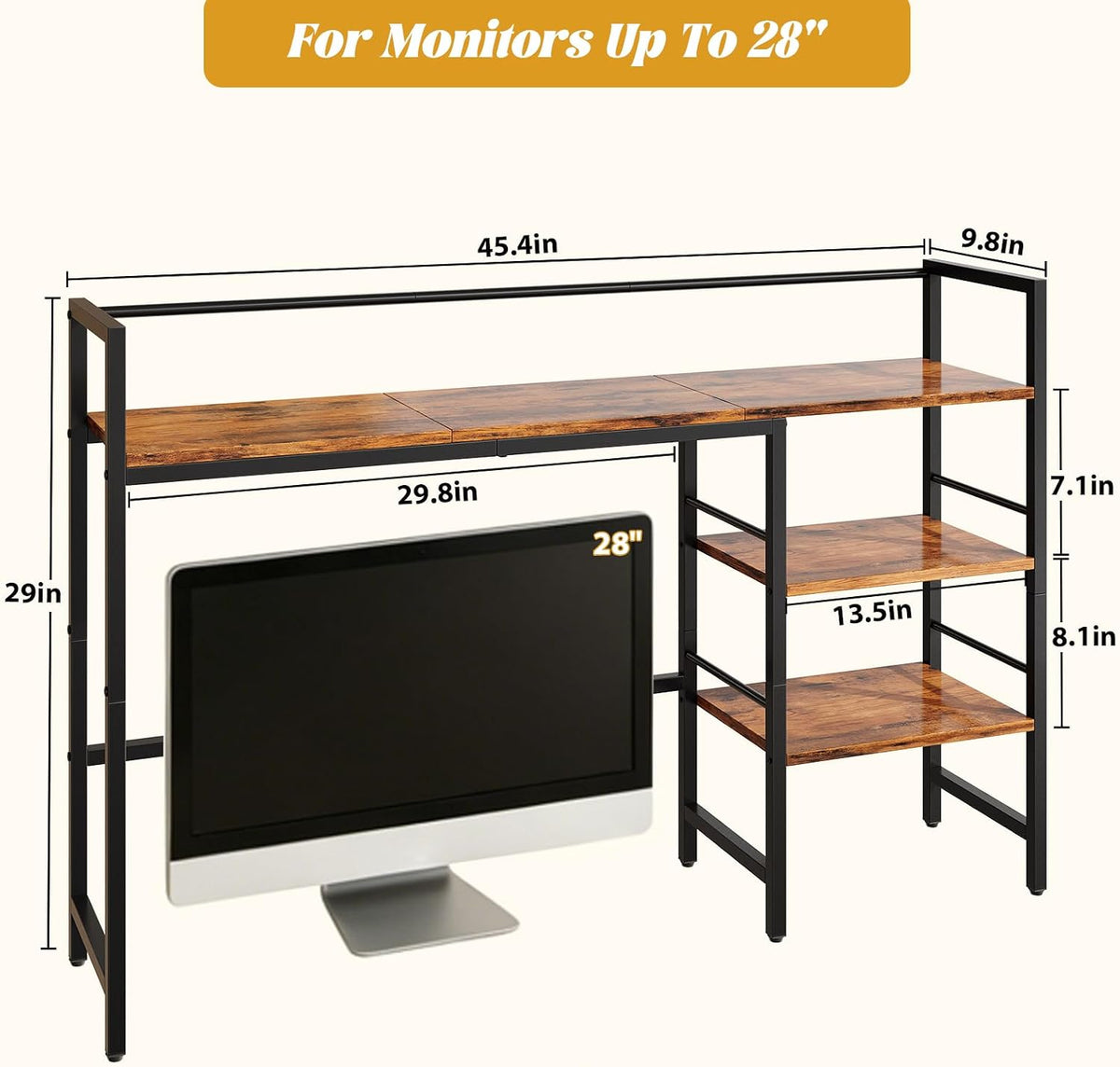 Desk Shelf, 38.6 Inch Wood Desk Organizer Shelf for Computer Monitor, Desk Hutch Storage, Desktop Shelf for Top of Desk, 3 Tier Desktop Bookshelf for Home Office Dorm, Rustic