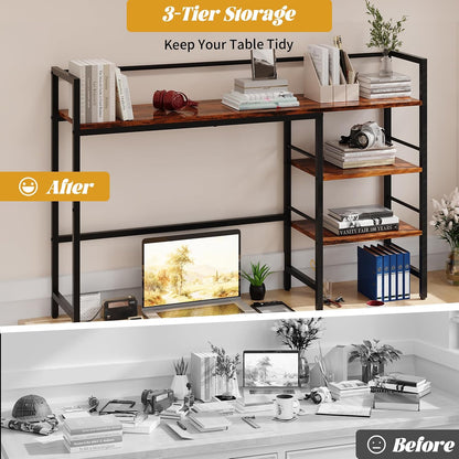 Desk Shelf, 38.6 Inch Wood Desk Organizer Shelf for Computer Monitor, Desk Hutch Storage, Desktop Shelf for Top of Desk, 3 Tier Desktop Bookshelf for Home Office Dorm, Rustic