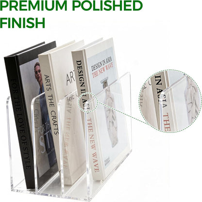 Acrylic Magazine File Holder, 4 Vertical Compartments Desk Document Sorter Organizer, Clear Folder Rack Binder for Office/Home/Classroom, for Documents, Tablet, Magazines, Books & Accessories