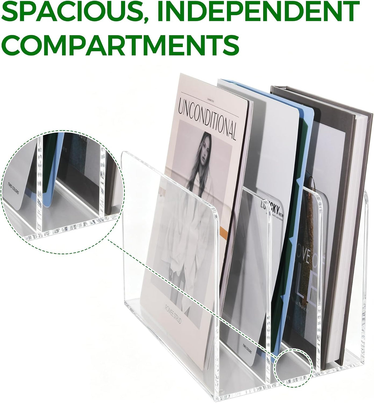 Acrylic Magazine File Holder, 4 Vertical Compartments Desk Document Sorter Organizer, Clear Folder Rack Binder for Office/Home/Classroom, for Documents, Tablet, Magazines, Books & Accessories