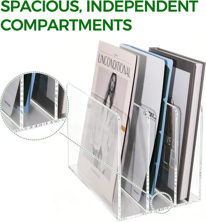 Acrylic Magazine File Holder, 4 Vertical Compartments Desk Document Sorter Organizer, Clear Folder Rack Binder for Office/Home/Classroom, for Documents, Tablet, Magazines, Books & Accessories