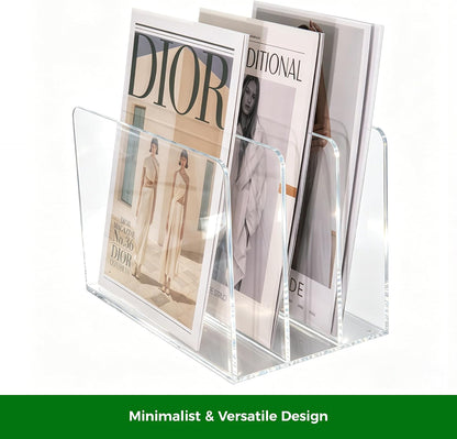 Acrylic Magazine File Holder, 4 Vertical Compartments Desk Document Sorter Organizer, Clear Folder Rack Binder for Office/Home/Classroom, for Documents, Tablet, Magazines, Books & Accessories