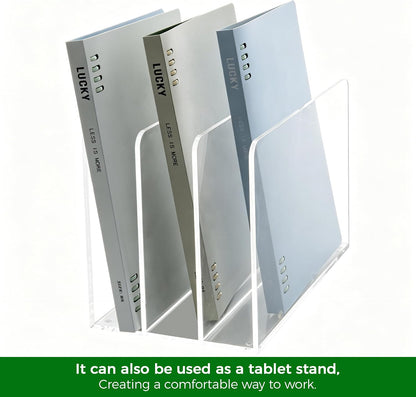 Acrylic Magazine File Holder, 4 Vertical Compartments Desk Document Sorter Organizer, Clear Folder Rack Binder for Office/Home/Classroom, for Documents, Tablet, Magazines, Books & Accessories