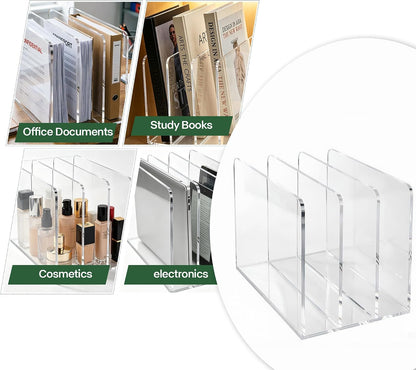 Acrylic Magazine File Holder, 4 Vertical Compartments Desk Document Sorter Organizer, Clear Folder Rack Binder for Office/Home/Classroom, for Documents, Tablet, Magazines, Books & Accessories