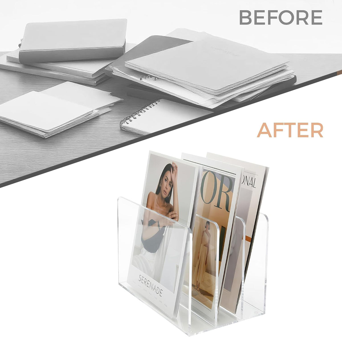 Acrylic Magazine File Holder, 4 Vertical Compartments Desk Document Sorter Organizer, Clear Folder Rack Binder for Office/Home/Classroom, for Documents, Tablet, Magazines, Books & Accessories