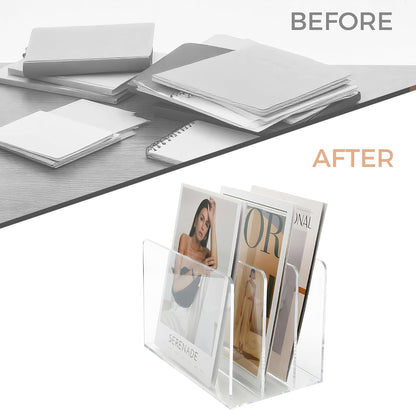 Acrylic Magazine File Holder, 4 Vertical Compartments Desk Document Sorter Organizer, Clear Folder Rack Binder for Office/Home/Classroom, for Documents, Tablet, Magazines, Books & Accessories