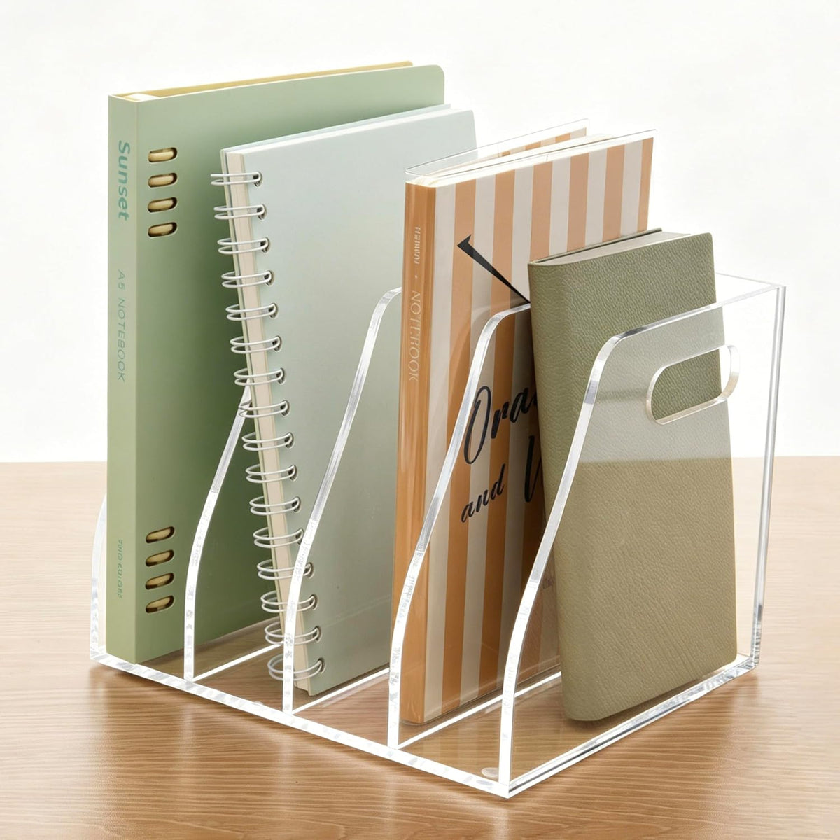 Acrylic Magazine File Holder, 4 Vertical Compartments Desk Document Sorter Organizer, Clear Folder Rack Binder for Office/Home/Classroom, for Documents, Tablet, Magazines, Books & Accessories