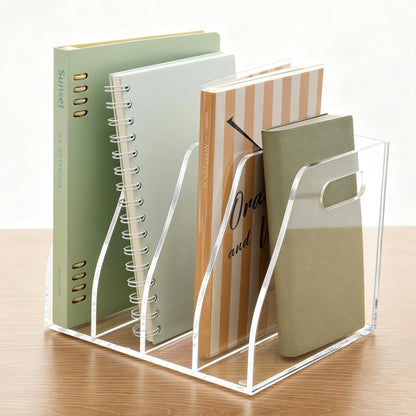 Acrylic Magazine File Holder, 4 Vertical Compartments Desk Document Sorter Organizer, Clear Folder Rack Binder for Office/Home/Classroom, for Documents, Tablet, Magazines, Books & Accessories