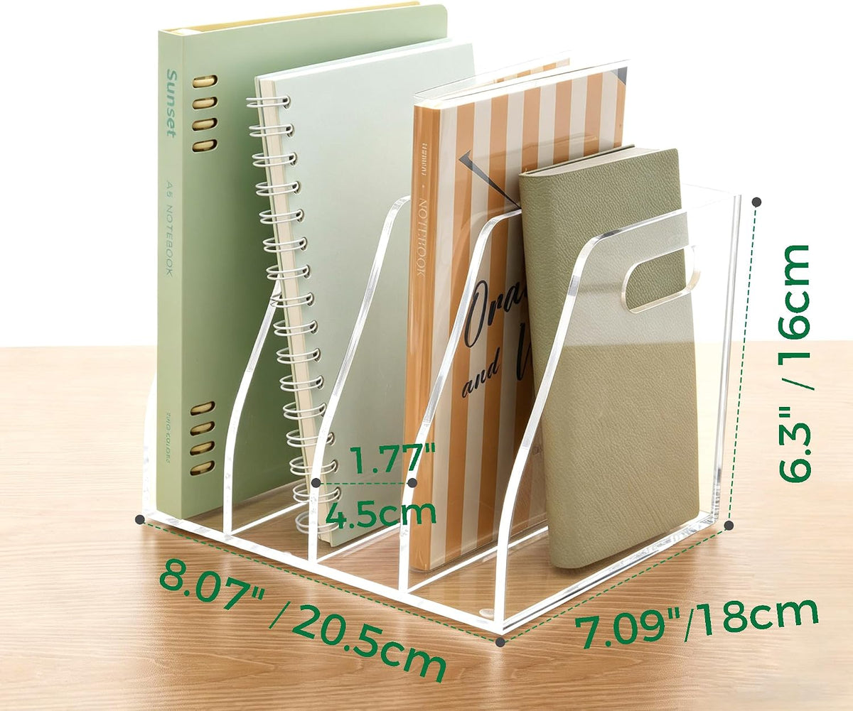 Acrylic Magazine File Holder, 4 Vertical Compartments Desk Document Sorter Organizer, Clear Folder Rack Binder for Office/Home/Classroom, for Documents, Tablet, Magazines, Books & Accessories