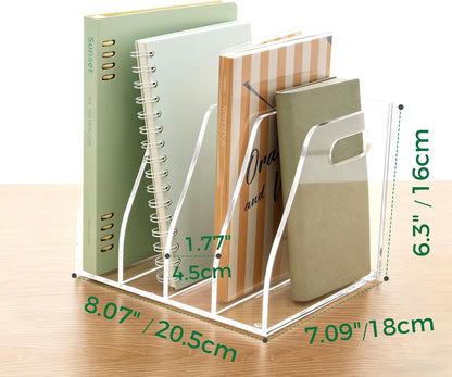 Acrylic Magazine File Holder, 4 Vertical Compartments Desk Document Sorter Organizer, Clear Folder Rack Binder for Office/Home/Classroom, for Documents, Tablet, Magazines, Books & Accessories
