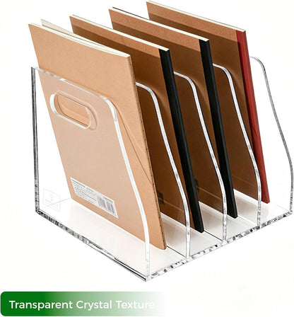 Acrylic Magazine File Holder, 4 Vertical Compartments Desk Document Sorter Organizer, Clear Folder Rack Binder for Office/Home/Classroom, for Documents, Tablet, Magazines, Books & Accessories