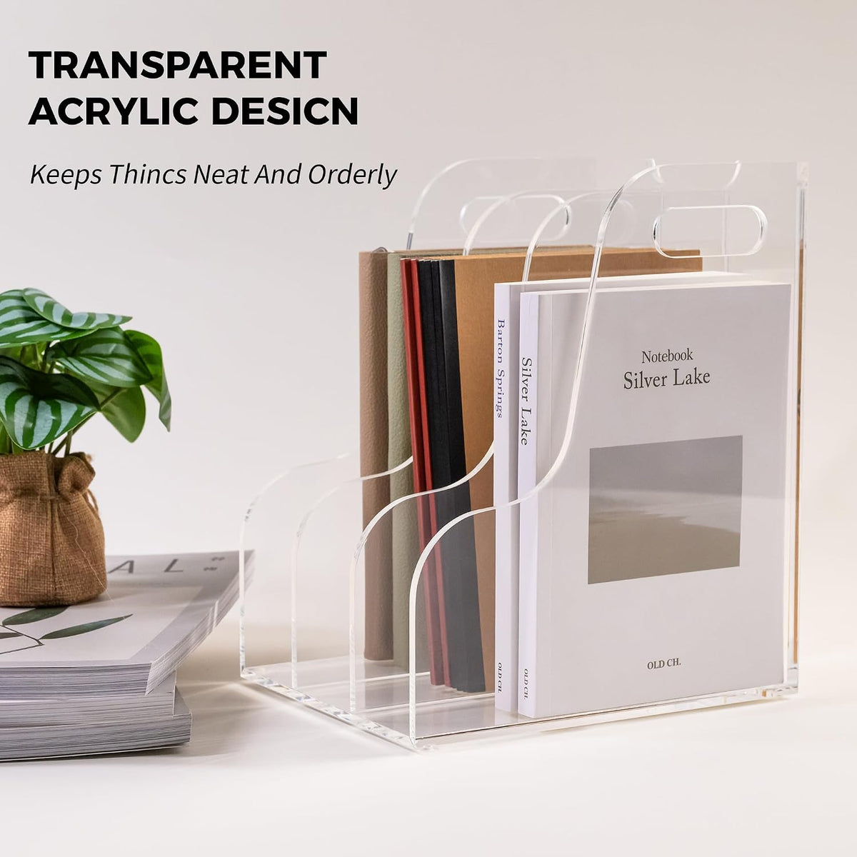Acrylic Magazine File Holder, 4 Vertical Compartments Desk Document Sorter Organizer, Clear Folder Rack Binder for Office/Home/Classroom, for Documents, Tablet, Magazines, Books & Accessories