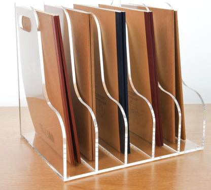 Acrylic Magazine File Holder, 4 Vertical Compartments Desk Document Sorter Organizer, Clear Folder Rack Binder for Office/Home/Classroom, for Documents, Tablet, Magazines, Books & Accessories