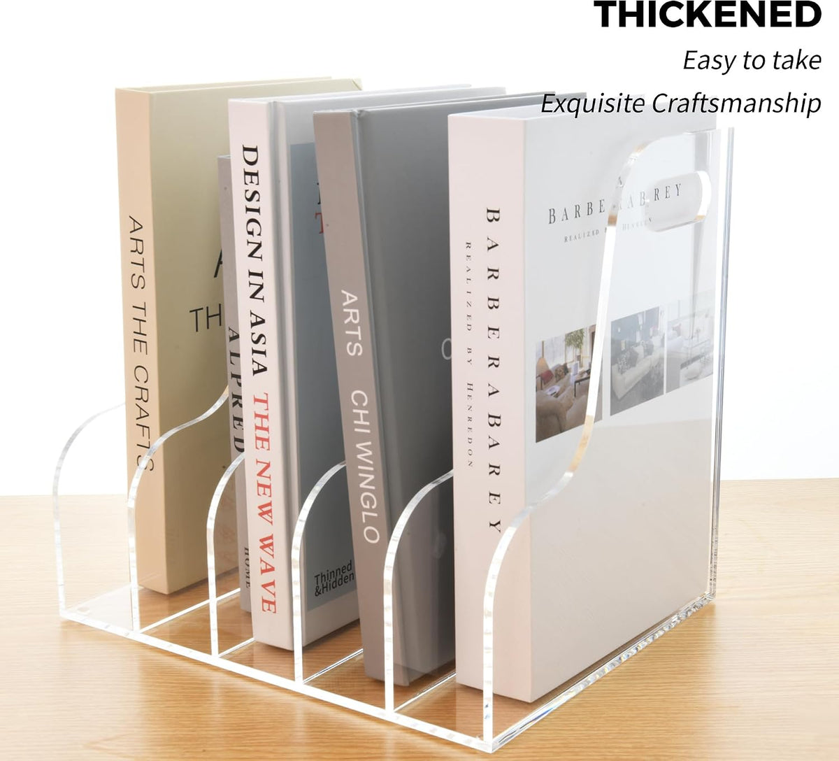 Acrylic Magazine File Holder, 4 Vertical Compartments Desk Document Sorter Organizer, Clear Folder Rack Binder for Office/Home/Classroom, for Documents, Tablet, Magazines, Books & Accessories