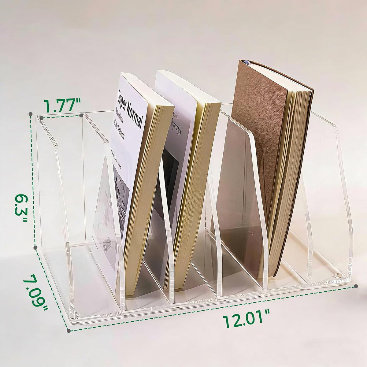 Acrylic Magazine File Holder, 4 Vertical Compartments Desk Document Sorter Organizer, Clear Folder Rack Binder for Office/Home/Classroom, for Documents, Tablet, Magazines, Books & Accessories