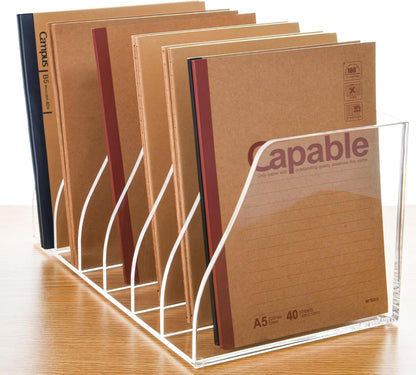 Acrylic Magazine File Holder, 4 Vertical Compartments Desk Document Sorter Organizer, Clear Folder Rack Binder for Office/Home/Classroom, for Documents, Tablet, Magazines, Books & Accessories