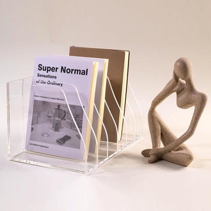 Acrylic Magazine File Holder, 4 Vertical Compartments Desk Document Sorter Organizer, Clear Folder Rack Binder for Office/Home/Classroom, for Documents, Tablet, Magazines, Books & Accessories