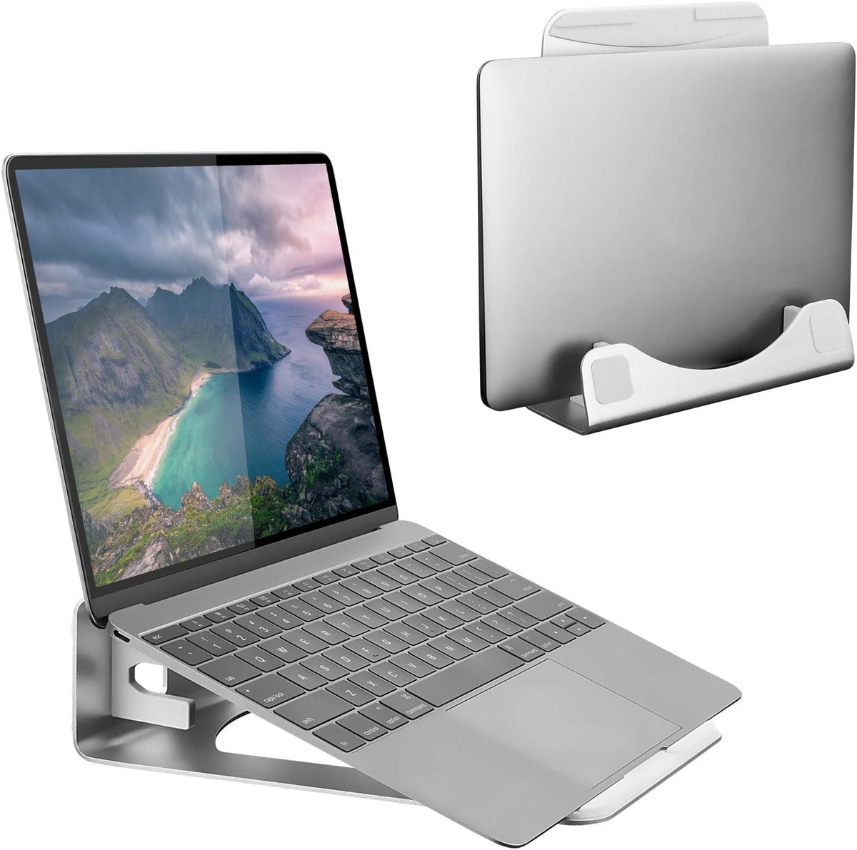 ! Vertical Laptop Stand for Desk, 2-in-1 Aluminum Laptop Holder & Angled Riser for 11–15 Inch Laptops, Space-Saving Laptop Dock for External Monitor Setup, Silver