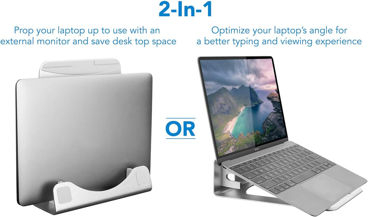 ! Vertical Laptop Stand for Desk, 2-in-1 Aluminum Laptop Holder & Angled Riser for 11–15 Inch Laptops, Space-Saving Laptop Dock for External Monitor Setup, Silver
