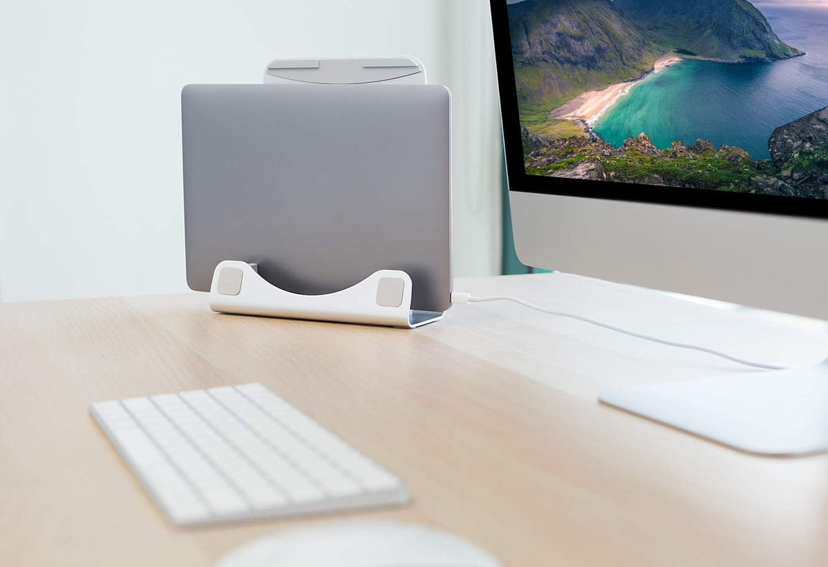 ! Vertical Laptop Stand for Desk, 2-in-1 Aluminum Laptop Holder & Angled Riser for 11–15 Inch Laptops, Space-Saving Laptop Dock for External Monitor Setup, Silver