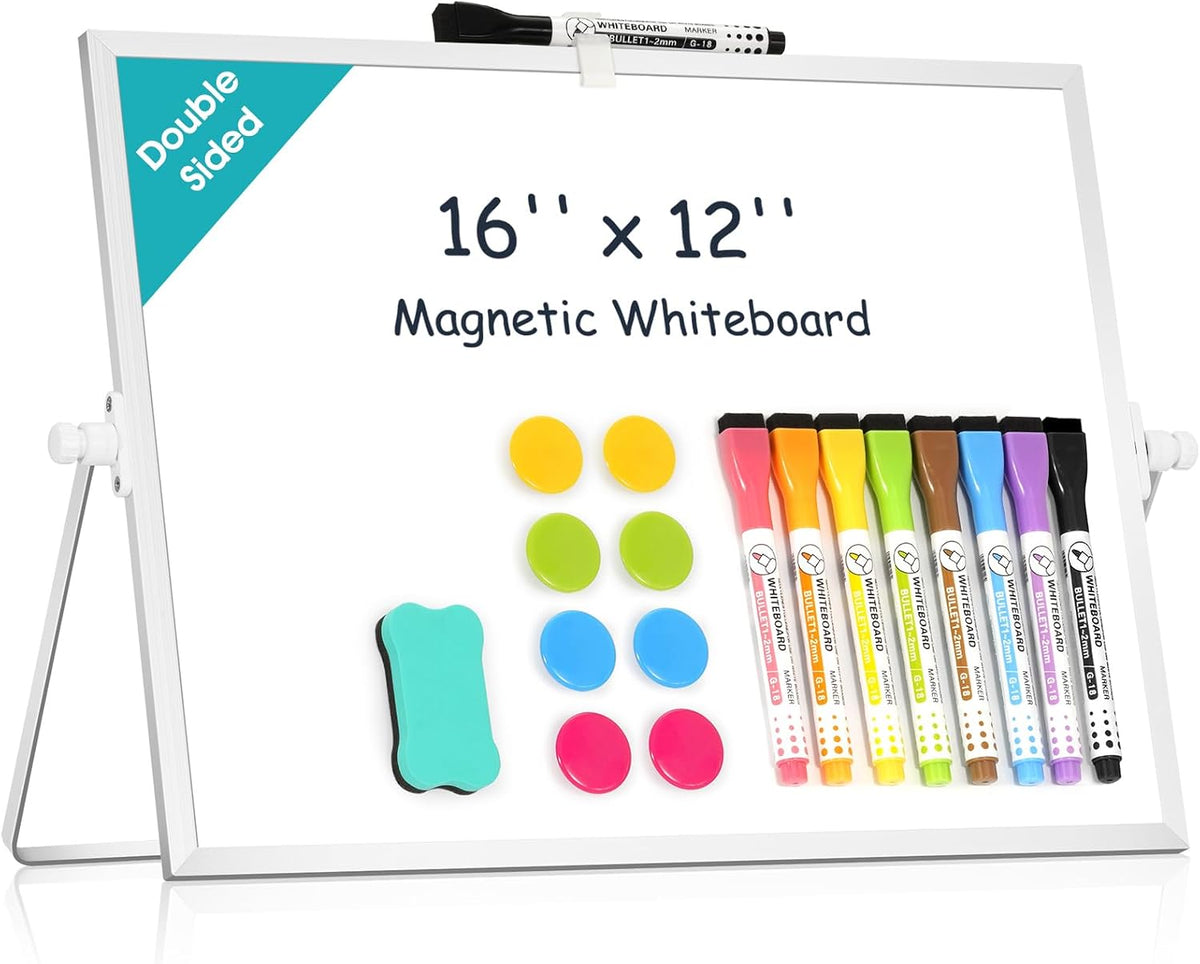 Dry Erase Small White Board, 16" x 12" Magnetic Desktop Whiteboard Stand