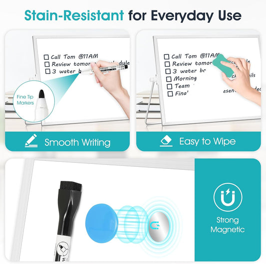 Dry Erase Small White Board, 16" x 12" Magnetic Desktop Whiteboard Stand