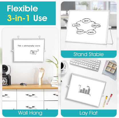 Dry Erase Small White Board, 16" x 12" Magnetic Desktop Whiteboard Stand