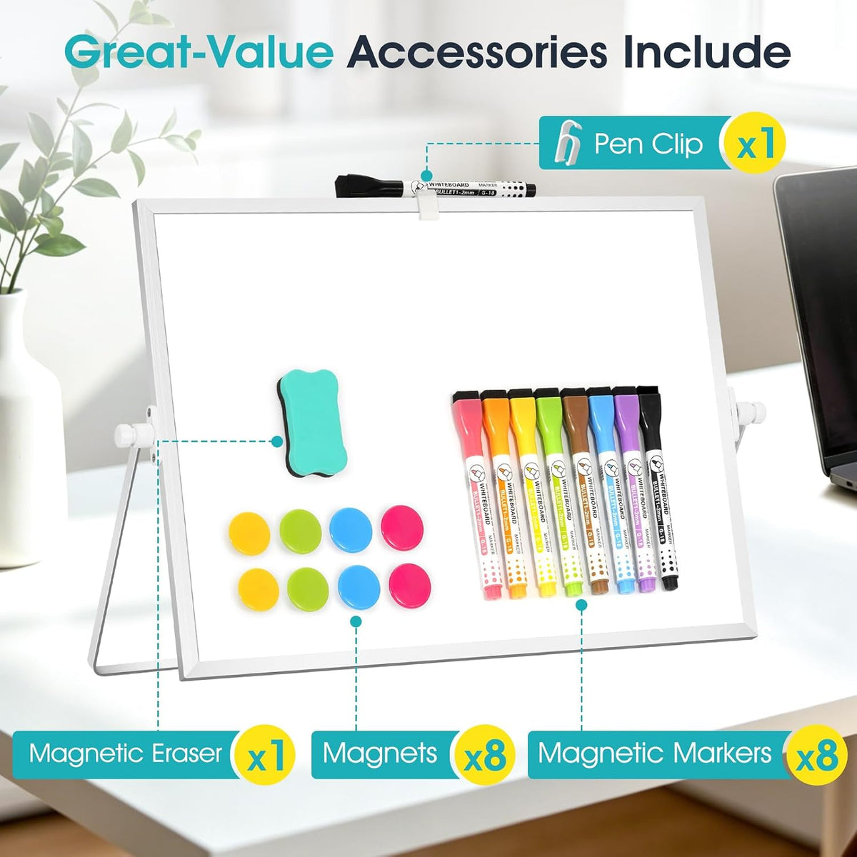Dry Erase Small White Board, 16" x 12" Magnetic Desktop Whiteboard Stand