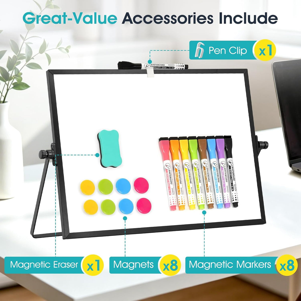 Dry Erase Small White Board, 16" x 12" Magnetic Desktop Whiteboard Stand
