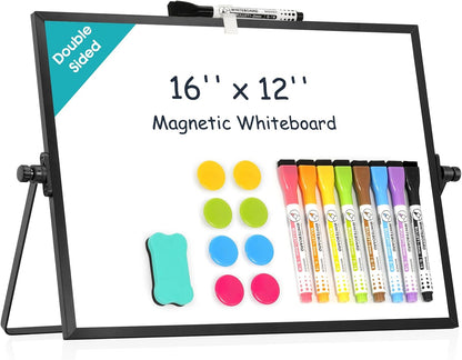 Dry Erase Small White Board, 16" x 12" Magnetic Desktop Whiteboard Stand