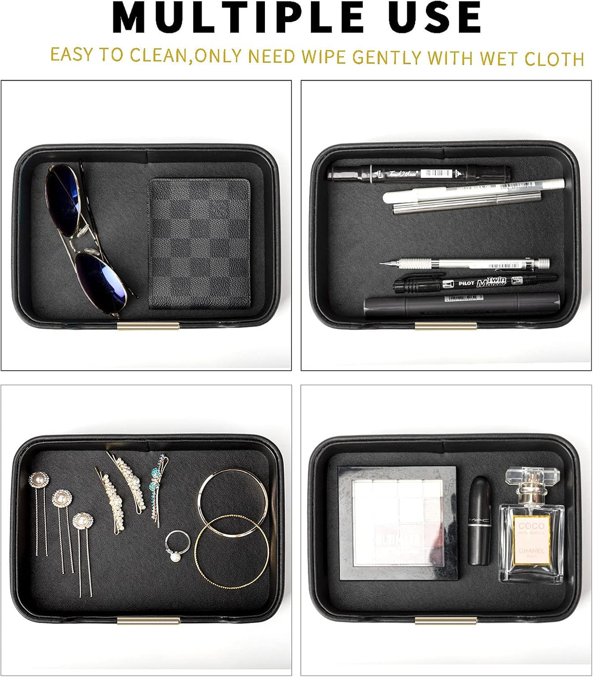 Leather Tray Organizer, Valet Tray Key Bowl (Metal Gilded, Black)