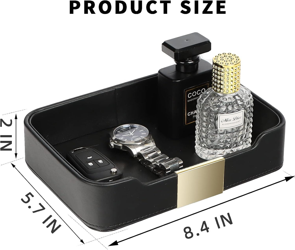 Leather Tray Organizer, Valet Tray Key Bowl (Metal Gilded, Black)