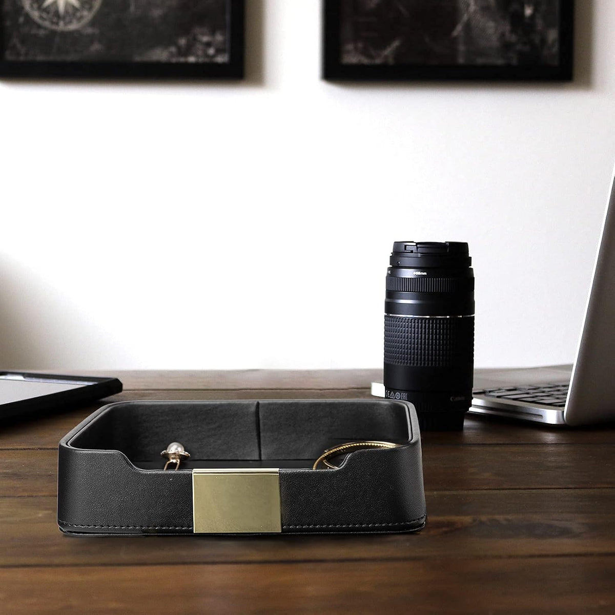 Leather Tray Organizer, Valet Tray Key Bowl (Metal Gilded, Black)
