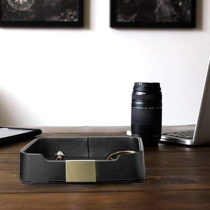 Leather Tray Organizer, Valet Tray Key Bowl (Metal Gilded, Black)