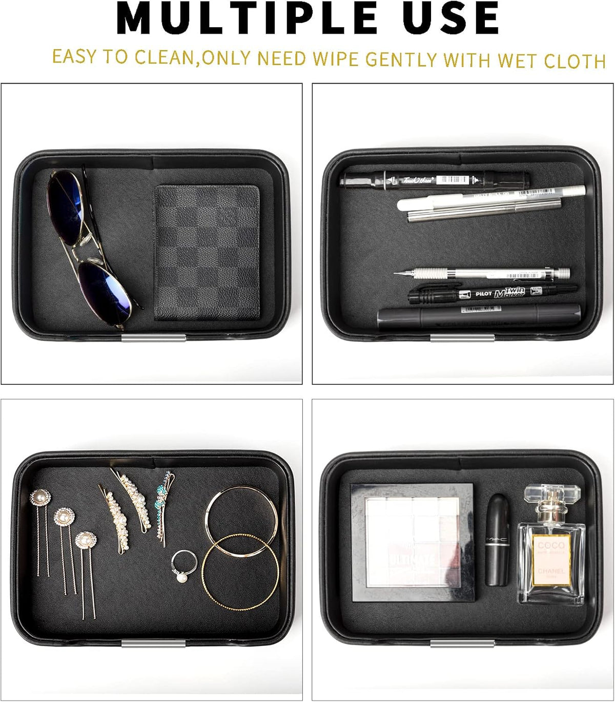 Leather Tray Organizer, Valet Tray Key Bowl (Metal Gilded, Black)