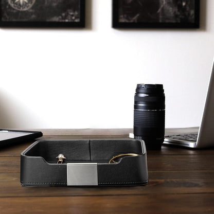 Leather Tray Organizer, Valet Tray Key Bowl (Metal Gilded, Black)