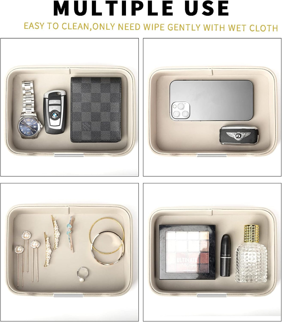 Leather Tray Organizer, Valet Tray Key Bowl (Metal Gilded, Black)