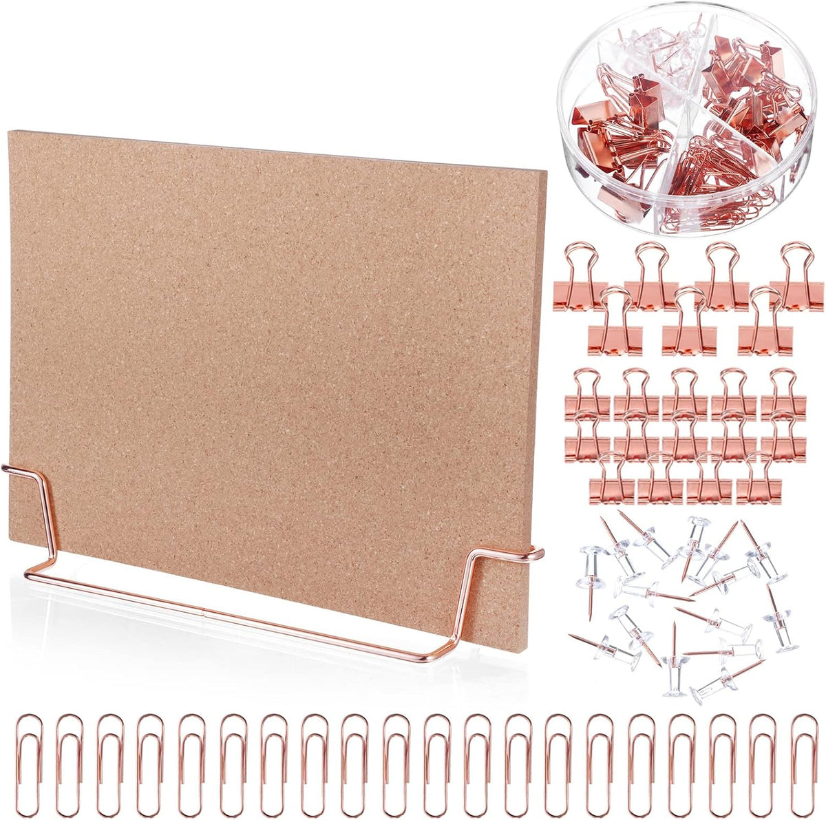 12.6 x 9 Inch Small Desktop Cork Board with Stand Rose Gold Bulletin Memo Message Picture Double Sided Pin Board for Office School Home with Binder Clips, Push Pins, Paperclips