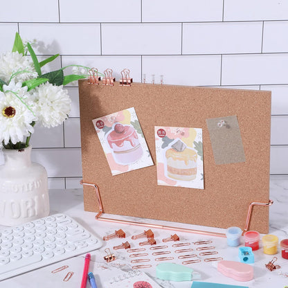 12.6 x 9 Inch Small Desktop Cork Board with Stand Rose Gold Bulletin Memo Message Picture Double Sided Pin Board for Office School Home with Binder Clips, Push Pins, Paperclips