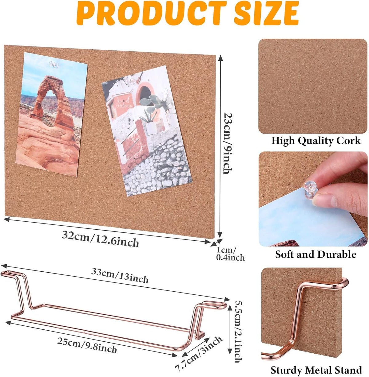 12.6 x 9 Inch Small Desktop Cork Board with Stand Rose Gold Bulletin Memo Message Picture Double Sided Pin Board for Office School Home with Binder Clips, Push Pins, Paperclips