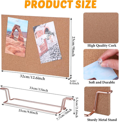 12.6 x 9 Inch Small Desktop Cork Board with Stand Rose Gold Bulletin Memo Message Picture Double Sided Pin Board for Office School Home with Binder Clips, Push Pins, Paperclips