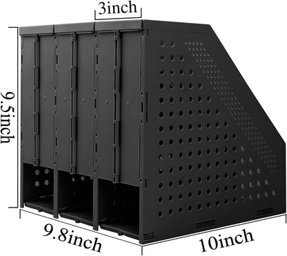 Collapsible Plastic Magazine File Holder Vertical Binder Storage Organizer for Desk Sturdy Upright Desktop Magazine Organizer Folder Rack for Office School Home (3 Compartments, Black)