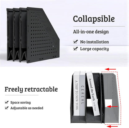 Collapsible Plastic Magazine File Holder Vertical Binder Storage Organizer for Desk Sturdy Upright Desktop Magazine Organizer Folder Rack for Office School Home (3 Compartments, Black)