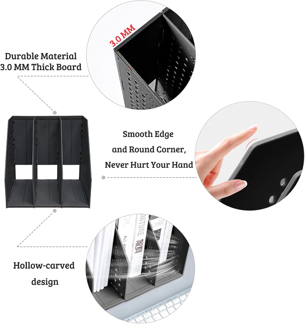 Collapsible Plastic Magazine File Holder Vertical Binder Storage Organizer for Desk Sturdy Upright Desktop Magazine Organizer Folder Rack for Office School Home (3 Compartments, Black)