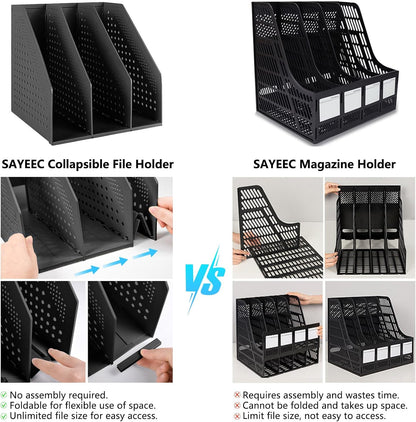 Collapsible Plastic Magazine File Holder Vertical Binder Storage Organizer for Desk Sturdy Upright Desktop Magazine Organizer Folder Rack for Office School Home (3 Compartments, Black)