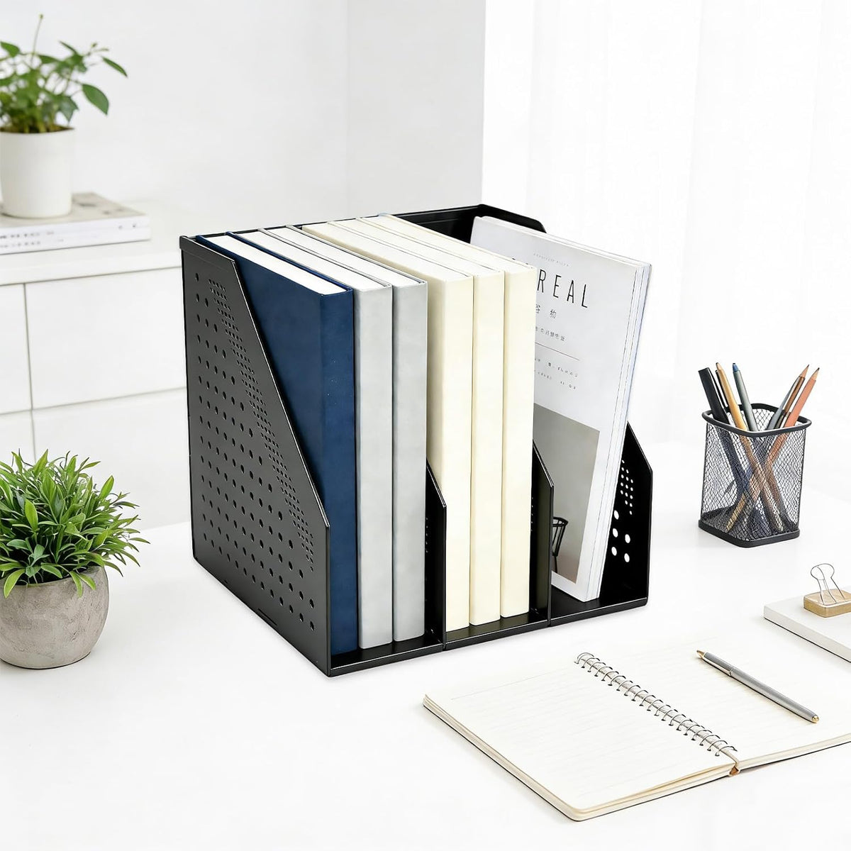 Collapsible Plastic Magazine File Holder Vertical Binder Storage Organizer for Desk Sturdy Upright Desktop Magazine Organizer Folder Rack for Office School Home (3 Compartments, Black)