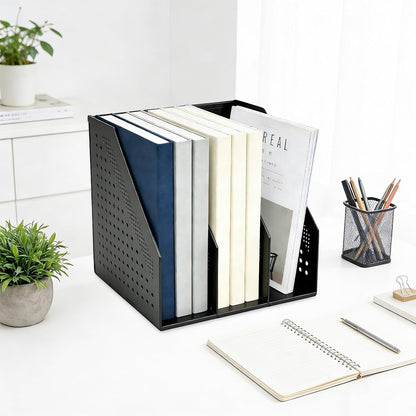 Collapsible Plastic Magazine File Holder Vertical Binder Storage Organizer for Desk Sturdy Upright Desktop Magazine Organizer Folder Rack for Office School Home (3 Compartments, Black)