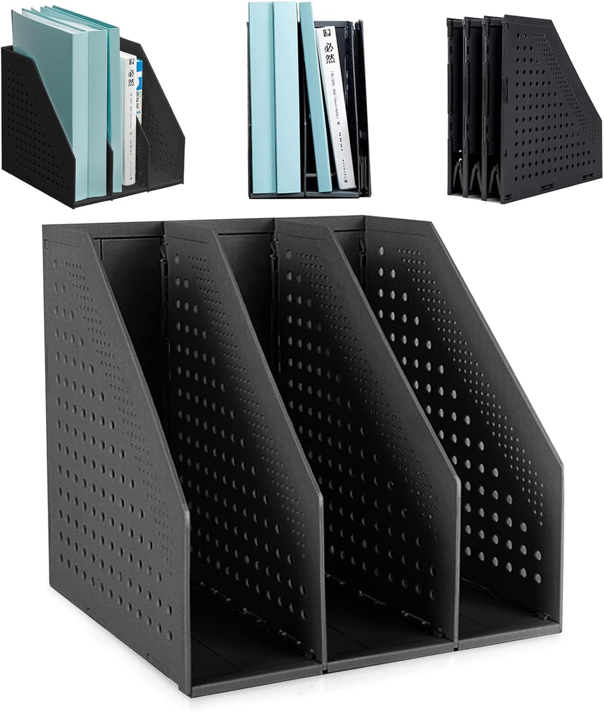Collapsible Plastic Magazine File Holder Vertical Binder Storage Organizer for Desk Sturdy Upright Desktop Magazine Organizer Folder Rack for Office School Home (3 Compartments, Black)