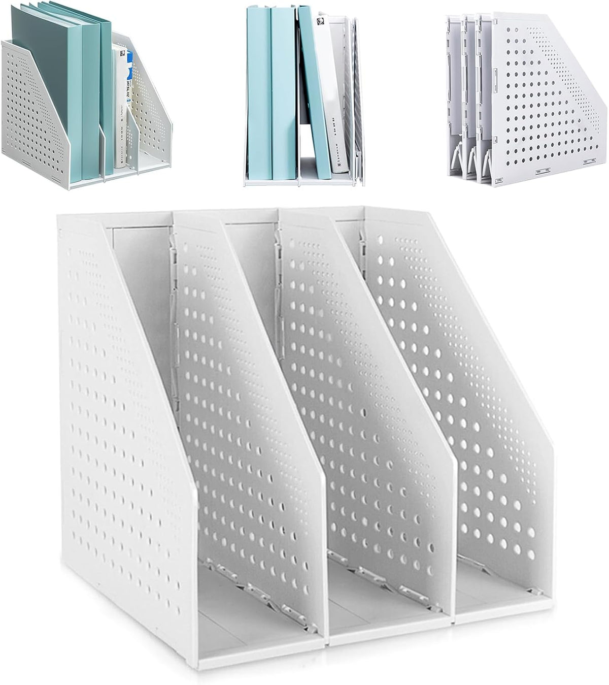 Collapsible Plastic Magazine File Holder Vertical Binder Storage Organizer for Desk Sturdy Upright Desktop Magazine Organizer Folder Rack for Office School Home (3 Compartments, Black)
