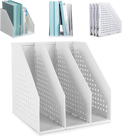 Collapsible Plastic Magazine File Holder Vertical Binder Storage Organizer for Desk Sturdy Upright Desktop Magazine Organizer Folder Rack for Office School Home (3 Compartments, Black)
